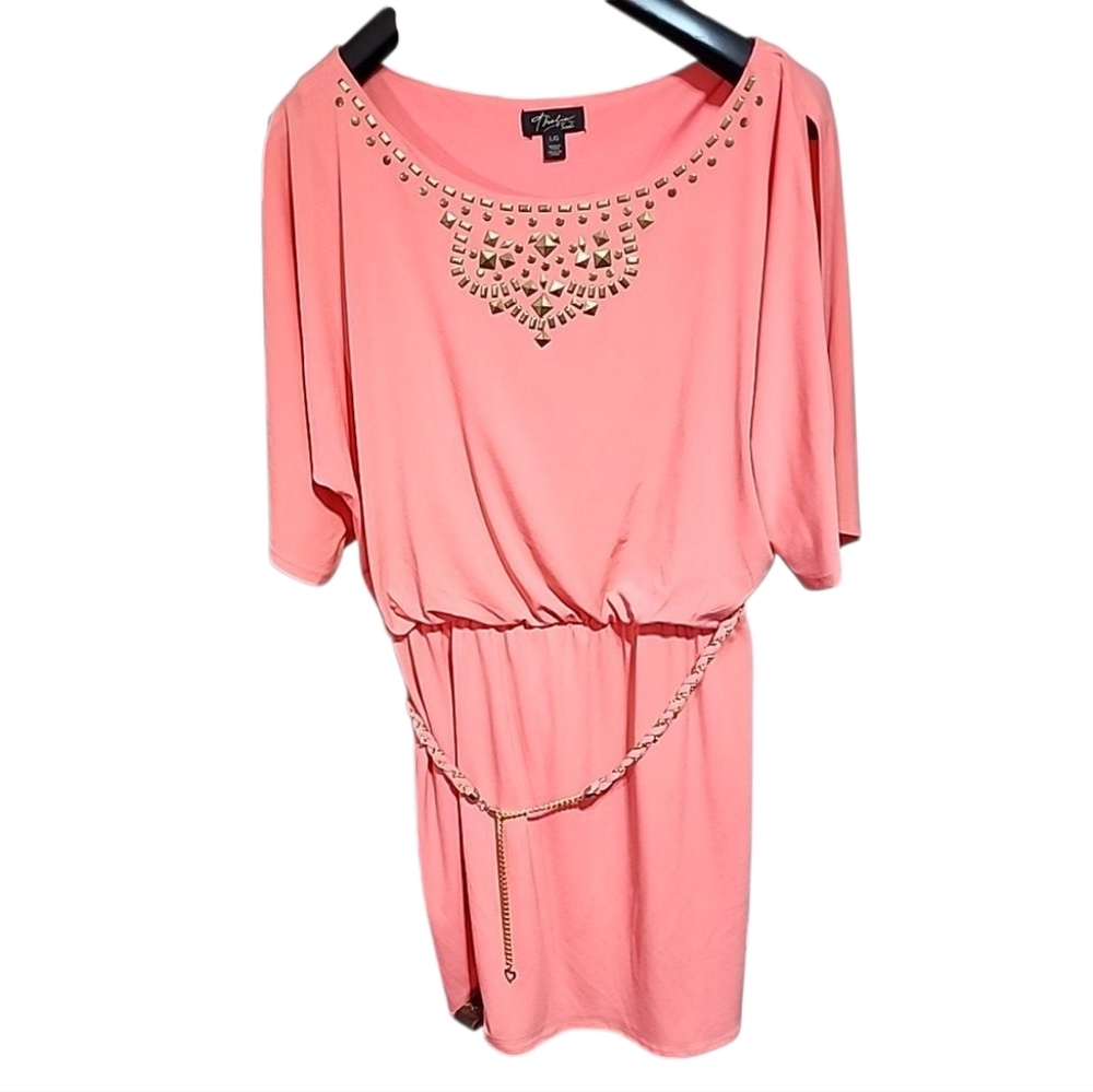 Thalia Sodi Women Large Cold Shoulder Blouson Dress Belted Studs Stretch Orange